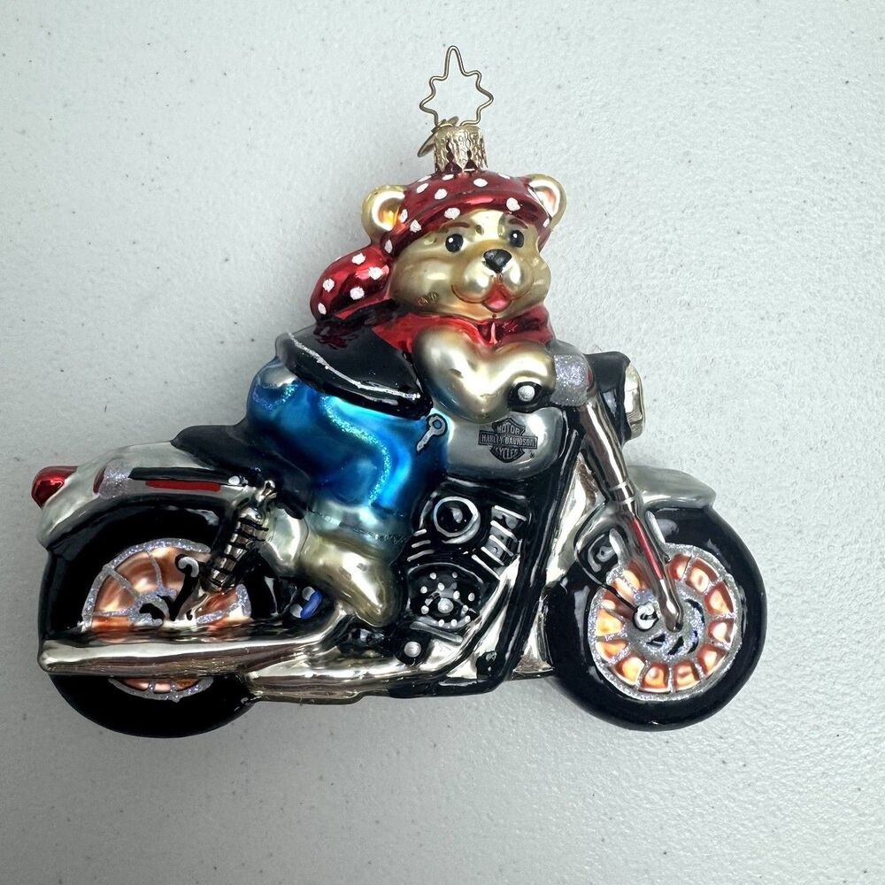 Christopher Radko BEARLY CRUISIN Harley Davidson Glass Christmas Ornament Rare